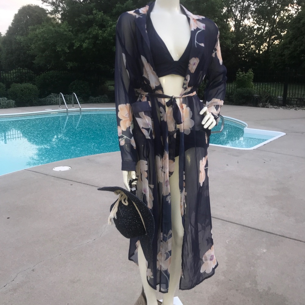 SHEER floral long 3/4 sleeve duster maxi COVER UP - Picture 6 of 16